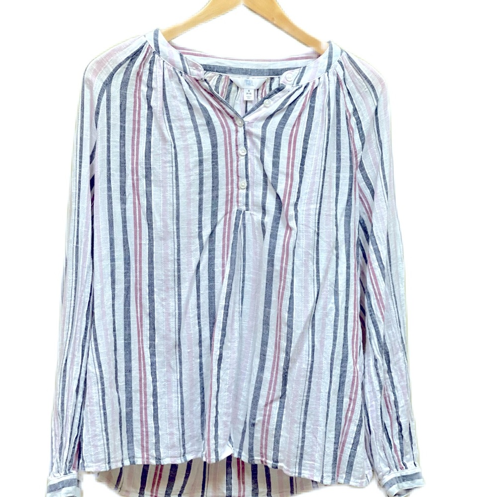 Time and Tru 1/2 Button Long Puff Sleeve Cotton Blouse Small No Iron!